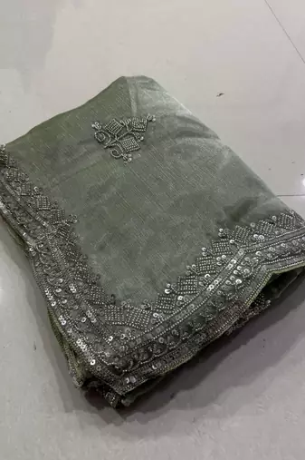 Light Green Color Hand Verl and sequins Work art silk saree