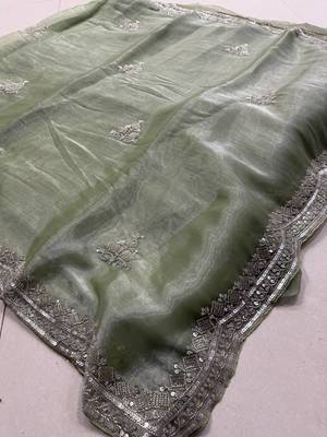 Light Green Color Hand Verl and sequins Work art silk saree 3