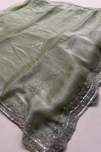 Light Green Color Hand Verl and sequins Work art silk saree