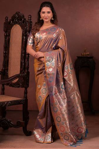 brown floral, zari work slik blend saree with blouse
