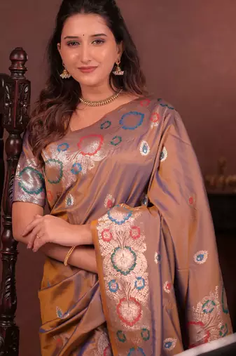 brown floral, zari work slik blend saree with blouse