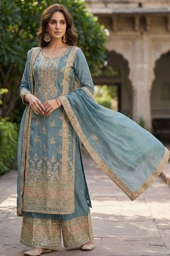 Blue chinon semi stitched suit with embroidery & sequence work