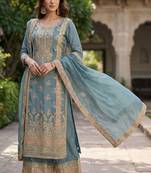 Blue chinon semi stitched suit with embroidery & sequence work