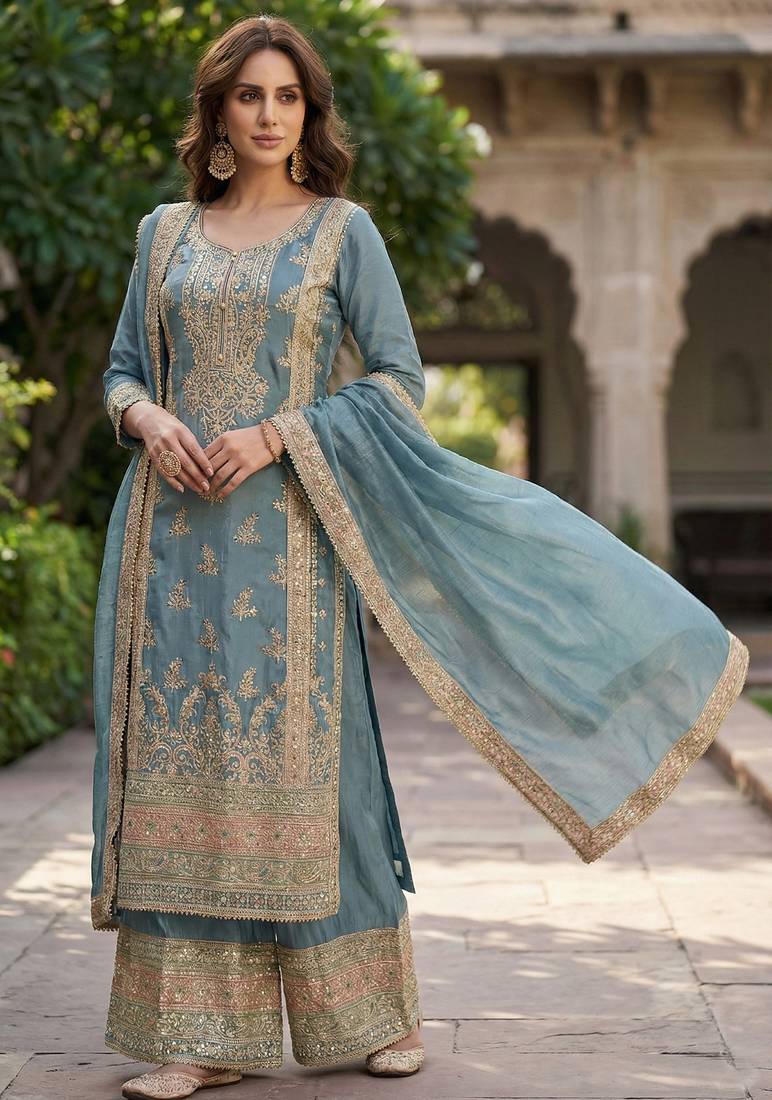 Blue chinon semi stitched suit with embroidery & sequence work
