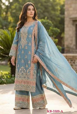Blue chinon suit with embroidered sequin  2