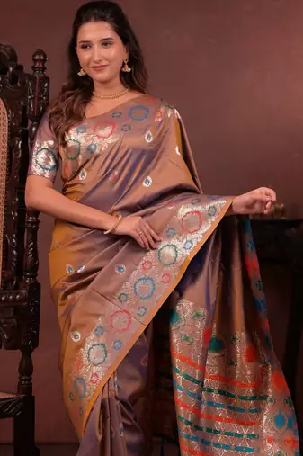brown floral, zari work slik blend saree with blouse