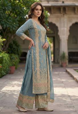 Blue chinon suit with embroidered sequin  3