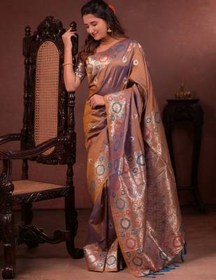 brown floral, zari work slik blend saree with blouse 4