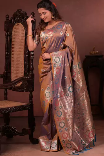 brown floral, zari work slik blend saree with blouse
