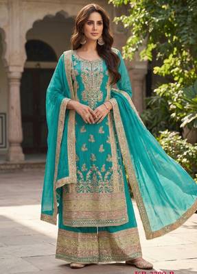Turquoise chinon suit with embroidered sequin  1