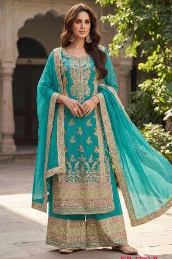 Turquoise chinon semi stitched suit with embroidery & sequence work