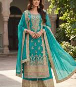 Turquoise chinon semi stitched suit with embroidery & sequence work
