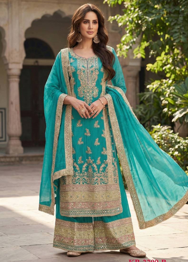 Turquoise chinon semi stitched suit with embroidery & sequence work