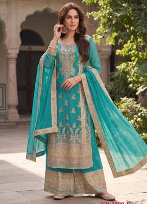 Turquoise chinon suit with embroidered sequin  2
