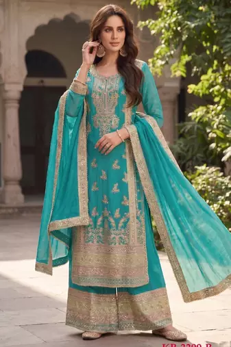 Turquoise chinon suit with embroidered sequin 