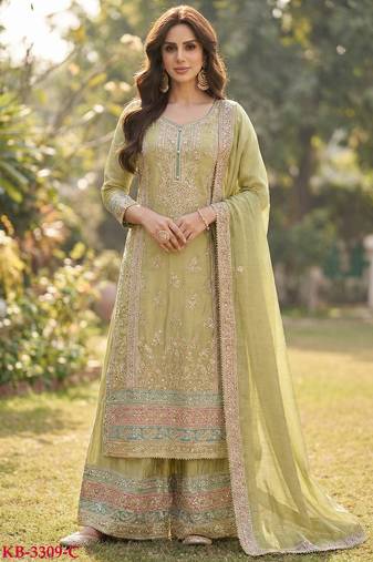 Green chinon semi stitched suit with embroidery & sequence work