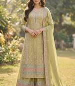 Green chinon semi stitched suit with embroidery & sequence work