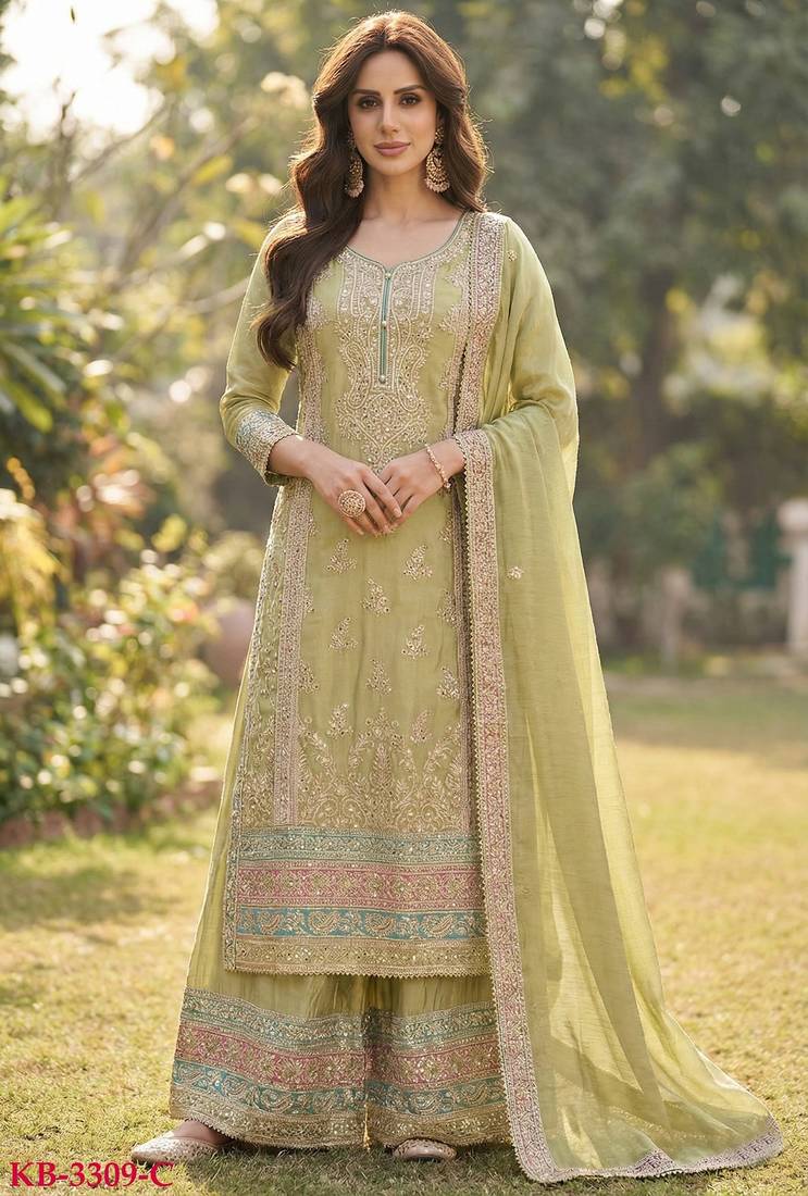 Green chinon semi stitched suit with embroidery & sequence work