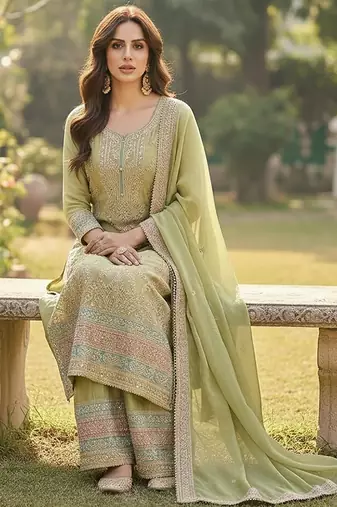 Green chinon suit with embroidered sequin 