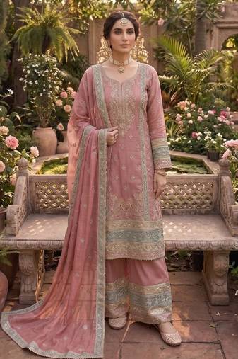 Pink chinon semi stitched suit with embroidery & sequence work