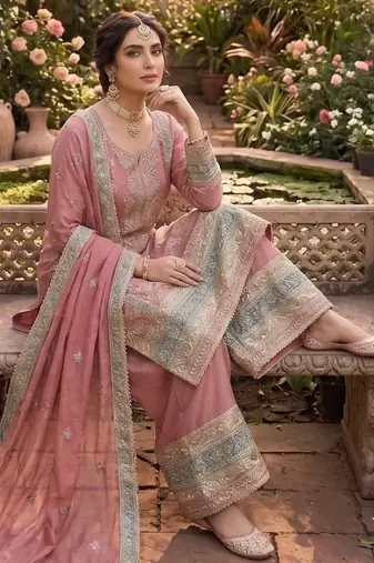 Pink chinon suit with embroidered sequin 