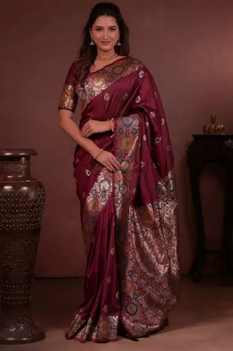 maroon floral, zari work slik blend saree with blouse