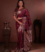 maroon floral, zari work slik blend saree with blouse