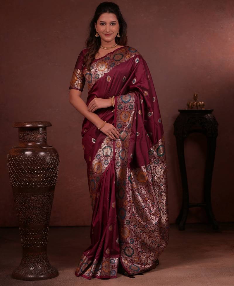 maroon floral, zari work slik blend saree with blouse