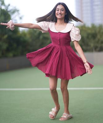 Maroon vintage pure cotton mini dress with ruffeled peach coloured sleeves 3