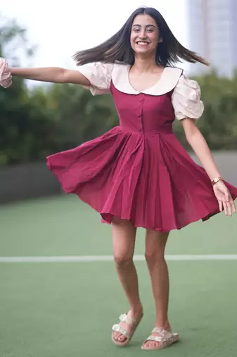 Maroon vintage pure cotton mini dress with ruffeled peach coloured sleeves