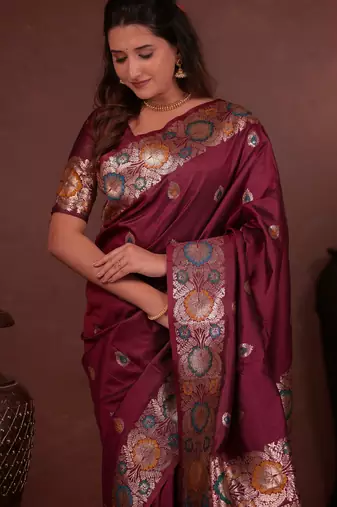 maroon floral, zari work slik blend saree with blouse