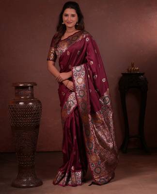 maroon floral, zari work slik blend saree with blouse 3