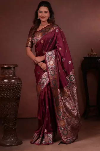 maroon floral, zari work slik blend saree with blouse
