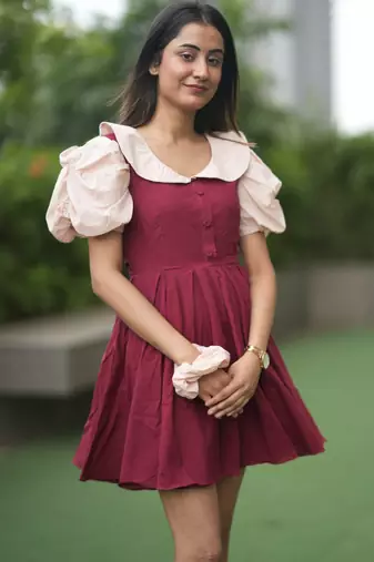 Maroon vintage pure cotton mini dress with ruffeled peach coloured sleeves