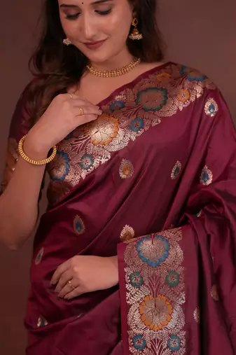 maroon floral, zari work slik blend saree with blouse
