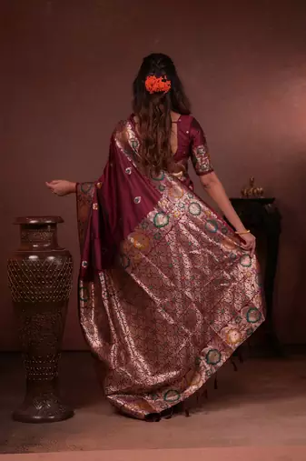 maroon floral, zari work slik blend saree with blouse