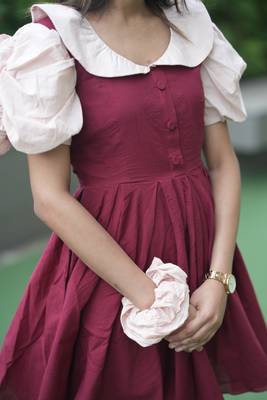 Maroon vintage pure cotton mini dress with ruffeled peach coloured sleeves 2