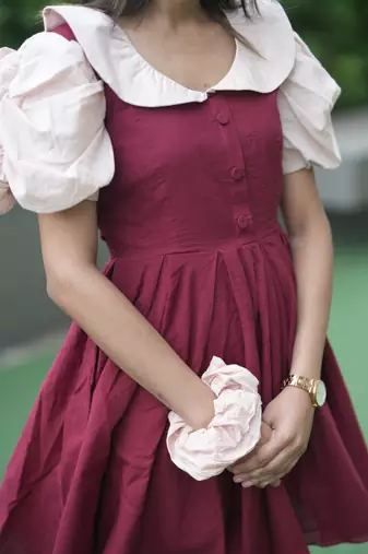 Maroon vintage pure cotton mini dress with ruffeled peach coloured sleeves