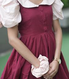 Maroon vintage pure cotton mini dress with ruffeled peach coloured sleeves
