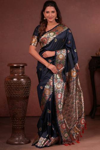 navy blue floral, zari work slik blend saree with blouse