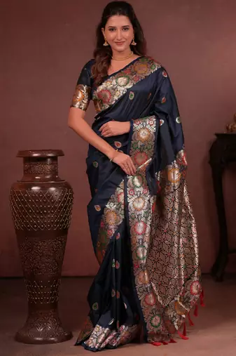 navy blue floral, zari work slik blend saree with blouse
