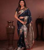 navy blue floral, zari work slik blend saree with blouse