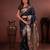 navy blue floral, zari work slik blend saree with blouse