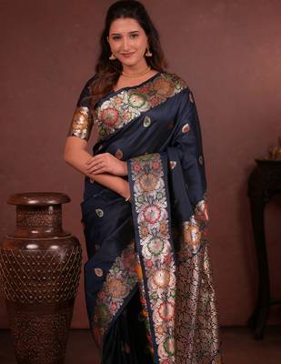 navy blue floral, zari work slik blend saree with blouse 2