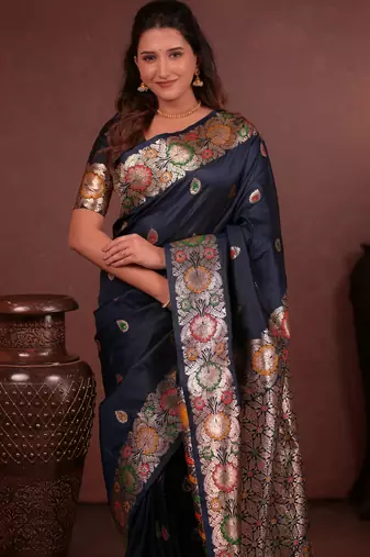 navy blue floral, zari work slik blend saree with blouse