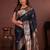 navy blue floral, zari work slik blend saree with blouse