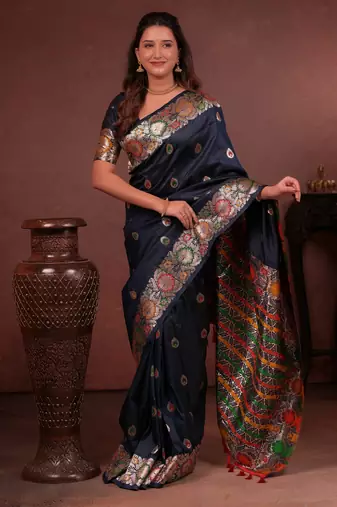 navy blue floral, zari work slik blend saree with blouse