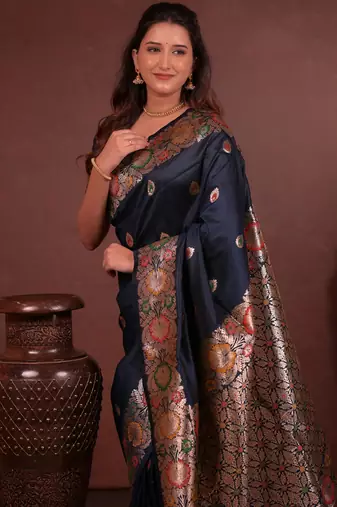 navy blue floral, zari work slik blend saree with blouse