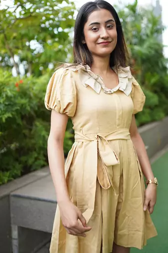 Mustard yellow linen mini summer dress with ruffeled sleeves