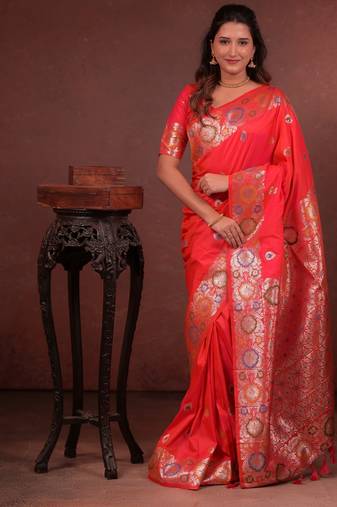 pink floral, zari work slik blend saree with blouse